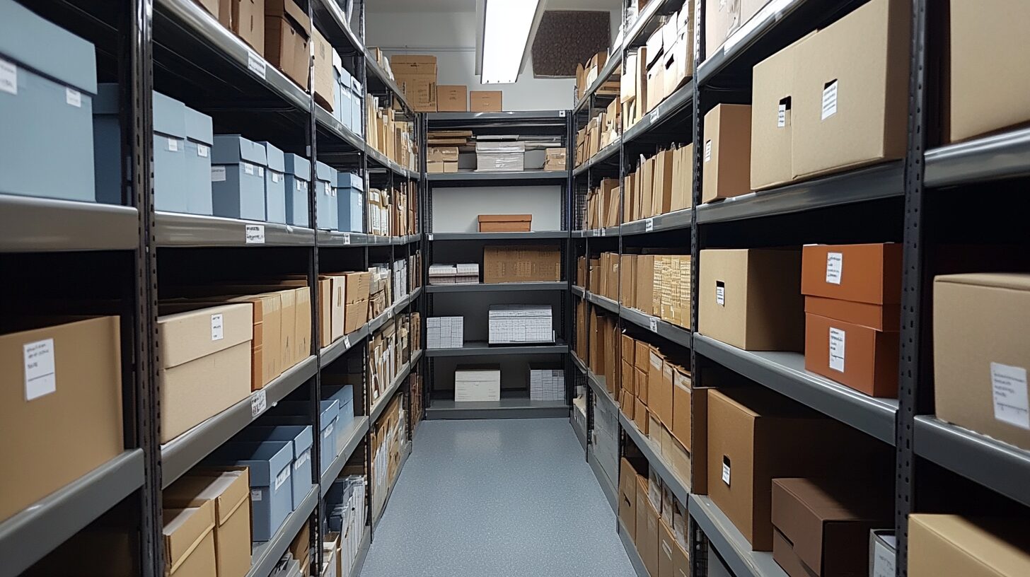 Archiv-Digitalisierung: Archivraum mit Metallregalen, säurefreien Archivboxen und historischen Kartons – typischer Medienbestand vor der Digitalisierung Archivraum Mit Metallregalen, Säurefreien Archivboxen Und Historischen Kartons – Typischer Medienbestand Vor Der Digitalisierung